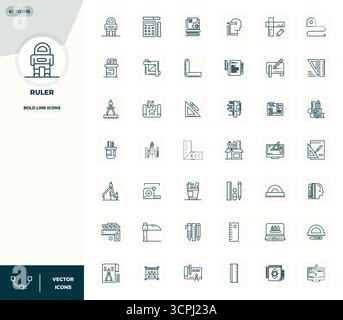 State-of-the-art bundle featuring 42 PIXEL perfect vector icons inspired by Ruler, created in Bold Line format at 128x128 for next-generation interfac Stock Vector