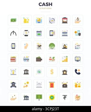 This set of 42 Minimal Flat vector icons captures Cash themes in 128x128 PIXEL perfect quality, perfect for tech and business applications. Stock Vector