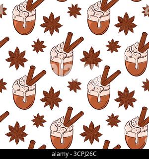 Seamless pattern with cinnamon stick, star anise and latte cup topped with cream and spice drawn in flat style. Perfect for bakery package, breakfast Stock Vector