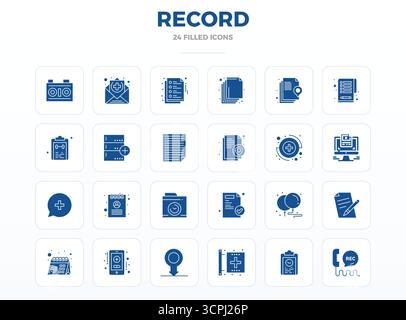 Revolutionary set of 24 PIXEL perfect vector icons inspired by Record, created in SolidFill format at 128x128 resolution for cutting-edge design. Stock Vector