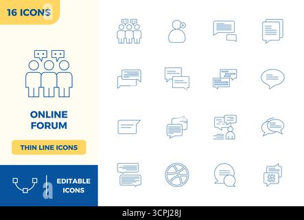 Exceptional collection of 16 Minimal Line vector icons for Online Forum, delivered in 128x128 PIXEL perfect resolution for unparalleled visual excelle Stock Vector