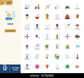 Complete package of 42 vector icons themed around Cold, showcasing Flat Color design in 128x128 PIXEL perfect quality for modern interfaces. Stock Vector