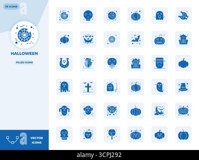 Enhance your projects with 36 Filled vector icons themed around Halloween, featuring 128x128 PIXEL perfect resolution ideal for clean and professional Stock Vector