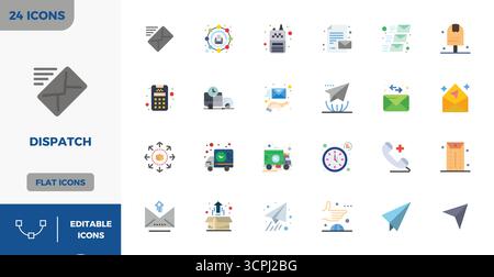 This collection features 24 Flat Color PIXEL perfect vector icons tailored to the Dispatch theme, optimized in 128x128 format for digital design. Stock Vector