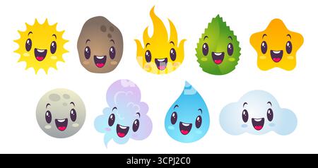 Vector illustration of nature elements in kawaii style. Vector set icons of weather and nature elements in chibi style. Sun, moon, cloud, star, water, Stock Vector