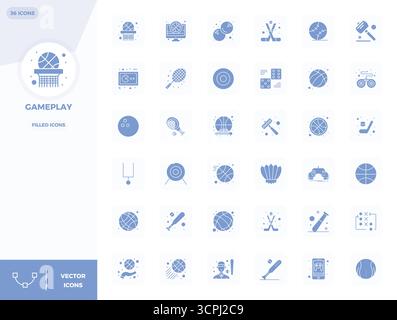 Masterfully created 36 vector icons representing Gameplay in Filled design, featuring 128x128 PIXEL perfect resolution for exceptional visual quality. Stock Vector