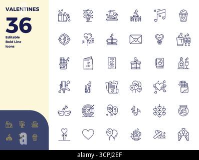 Set of 36 Bold Line PIXEL perfect vector icons themed around Valentines, crafted in 128x128 resolution for seamless integration in apps and websites. Stock Vector