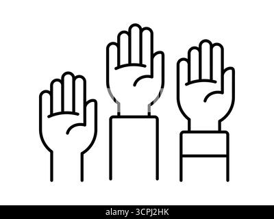 Three raised hands line icon. Volunteering, voting, participation and community support. Democracy, unity, collaboration and public initiatives.Vector Stock Vector