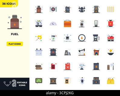 Exceptional collection of 36 Flat Color vector icons for Fuel, delivered in 128x128 PIXEL perfect resolution for unparalleled visual excellence and us Stock Vector