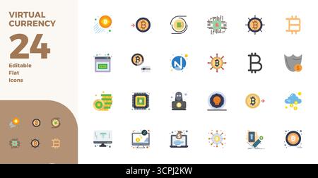 Revolutionary set of 24 PIXEL perfect vector icons inspired by Virtual Currency, created in Flat format at 128x128 resolution for cutting-edge design. Stock Vector