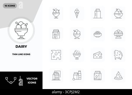 This set of 16 Thin Line vector icons captures Dairy themes in 128x128 PIXEL perfect quality, perfect for tech and business applications. Stock Vector