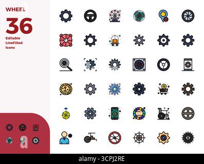 Essential pack of 36 PIXEL perfect vector icons for Wheel in Duotone format, sized at 128x128 for optimal performance and scalability. Stock Vector