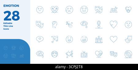 This collection features 28 Thin Line PIXEL perfect vector icons tailored to the Emotion theme, optimized in 128x128 format for digital design. Stock Vector