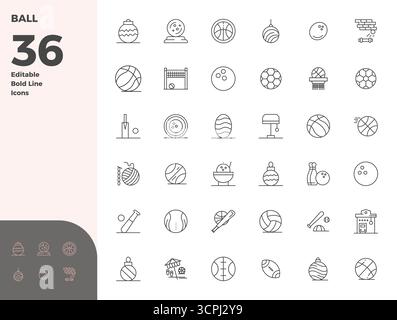 A clean collection of 36 Bold Line vector icons representing Ball, designed in 128x128 PIXEL perfect format for modern dashboards and interfaces. Stock Vector