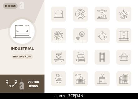Transform your designs with 16 Thin Line vector icons themed around Industrial, engineered in 128x128 PIXEL perfect resolution for maximum clarity. Stock Vector
