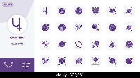 Revolutionary set of 24 PIXEL perfect vector icons inspired by Orbiting, created in Filled format at 128x128 resolution for cutting-edge design. Stock Vector