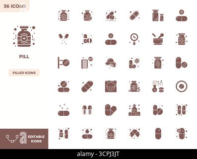 Carefully curated 36 Filled vector icons for Pill, featuring 128x128 PIXEL perfect resolution for consistent brand representation and user experience. Stock Vector