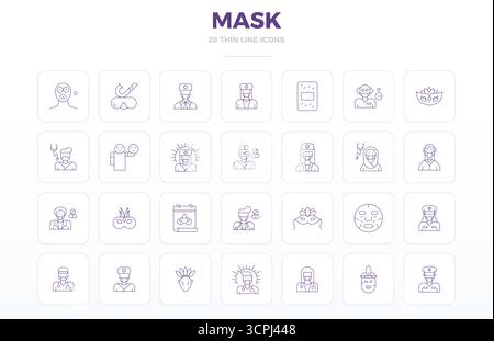 Meticulously crafted 28 Thin Outline vector icons for Mask, delivered in 128x128 PIXEL perfect quality for uncompromising design standards. Stock Vector