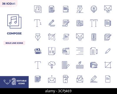 A clean collection of 36 Heavy Line vector icons representing Compose, designed in 128x128 PIXEL perfect format for modern dashboards and interfaces. Stock Vector
