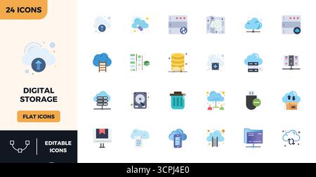 Thoughtfully designed 24 vector icons themed around Digital Storage, crafted in Flat Color with 128x128 PIXEL perfect precision for contemporary desig Stock Vector