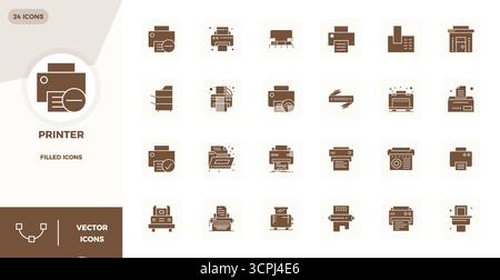 Comprehensive toolkit of 24 vector icons themed around Printer, developed in Filled with 128x128 PIXEL perfect precision for versatile design applicat Stock Vector