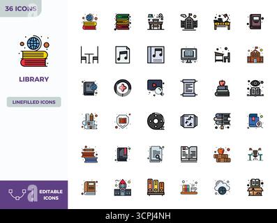 Comprehensive bundle featuring 36 vector icons in Flat Lineal Color design for Library, delivered in crisp 128x128 PIXEL perfect quality. Stock Vector