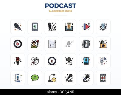 Revolutionary set of 24 PIXEL perfect vector icons inspired by Podcast, created in LineFill format at 128x128 resolution for cutting-edge design. Stock Vector