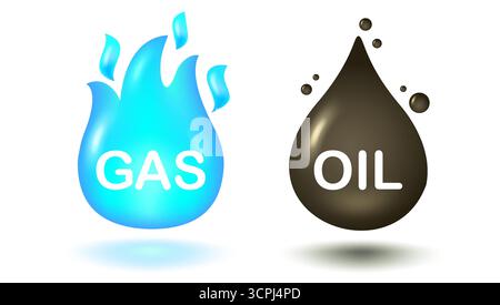 Vector illustration of oil drop and fire of gas in 3D style. Vector icon of oil drop and blue fire in realistic style. Gas and oil. Stock Vector