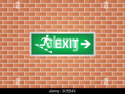 Emergency Fire Exit Sign on Wall. Exit Sign. Fire Exit Sign. Vector Illustration. Stock Vector