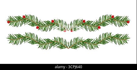 Christmas garlands with fir branches and red berries isolated on white background. Stock Photo