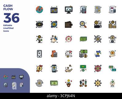 Thoughtfully designed 36 vector icons themed around Cash Flow, crafted in Duotone with 128x128 PIXEL perfect precision for contemporary design needs. Stock Vector