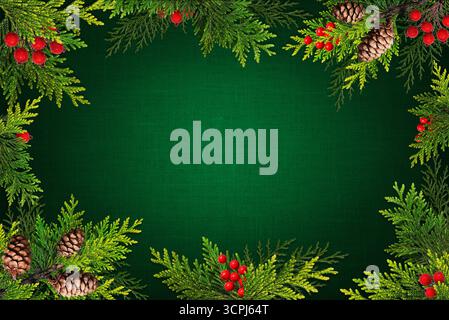 Holiday background with evergreen branches, pine cones, and berries on green canvas texture. Stock Photo