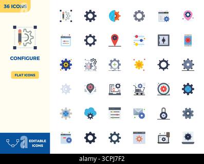 Ultimate collection of 36 vector icons representing Configure in Flat Color aesthetic, optimized with 128x128 PIXEL perfect resolution for maximum imp Stock Vector