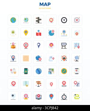 Carefully curated 42 Minimal Flat vector icons for Map, featuring 128x128 PIXEL perfect resolution for consistent brand representation and user experi Stock Vector