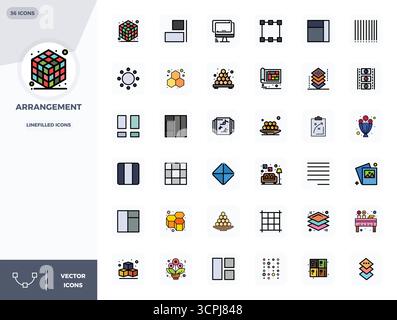 Thoughtfully designed 36 vector icons themed around Arrangement, crafted in LineFilled with 128x128 PIXEL perfect precision for contemporary design ne Stock Vector
