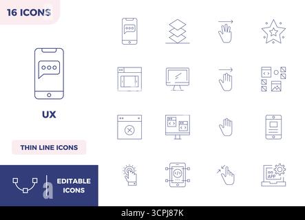 Explore 16 Minimal Line PIXEL perfect vector icons in 128x128 resolution inspired by Ux. Perfect for web and app interfaces. Stock Vector