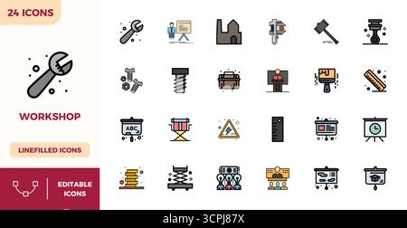 Precision-engineered 24 Flat Lineal Color vector icons for Workshop, designed at 128x128 PIXEL perfect resolution for exceptional clarity and scalabil Stock Vector