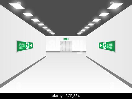 Emergency Fire Exit Sign in Corridor. Exit Sign. Fire Exit Sign. Vector Illustration. Stock Vector