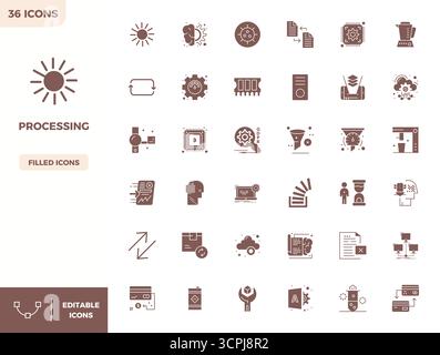 Advanced collection of 36 PIXEL perfect vector icons inspired by Processing, crafted in Filled with 128x128 optimization for superior visual performan Stock Vector