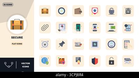 This Secure vector icon pack includes 24 Flat designs in 128x128 PIXEL perfect format, perfect for enhancing digital interfaces. Stock Vector