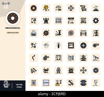 Professionally designed 42 vector icons in LineFilled, capturing the essence of Mechanical with 128x128 PIXEL perfect precision for UI design. Stock Vector