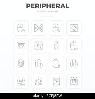 Collection of 16 Thin Outline PIXEL perfect vector icons for Peripheral, designed in 128x128 format for clarity and versatility. Stock Vector