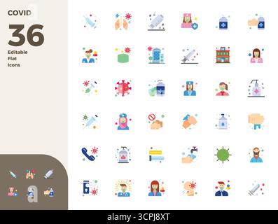 Intelligently designed 36 PIXEL perfect vector icons inspired by Covid, created in Flat format at 128x128 for smart and efficient design workflows. Stock Vector