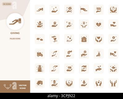 Handcrafted collection featuring 36 Filled vector icons for Giving, optimized in 128x128 PIXEL perfect resolution for premium digital experiences. Stock Vector