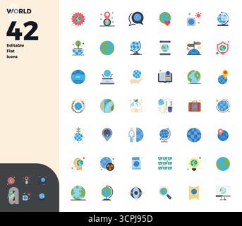 Set of 42 Flat PIXEL perfect vector icons themed around World, crafted in 128x128 resolution for seamless integration in apps and websites. Stock Vector