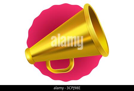 Vector icon of vintage golden megaphone for fake, breaking news or sale. Vector retro gold megaphone is on red banner. Stock Vector