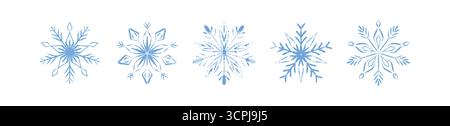 Set of handwriting snow flake crayon line icons. Frozen symbol. Pastel, charcoal, pencil, chalk blue snowflake drawing. Merry Christmas and Happy New Stock Vector