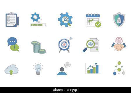 Business analytics and management icon set with strategy finance security and communication symbols Stock Vector