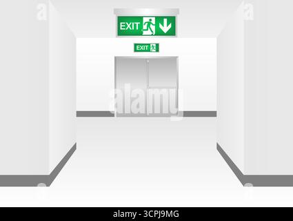 Emergency Fire Exit Sign in Corridor. Exit Sign. Fire Exit Sign. Vector Illustration. Stock Vector