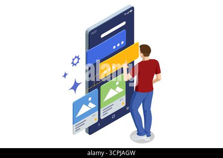An isometric illustration of an AI assistant helping a man program on a large monitor, demonstrating collaborative digital workflow in software Stock Vector